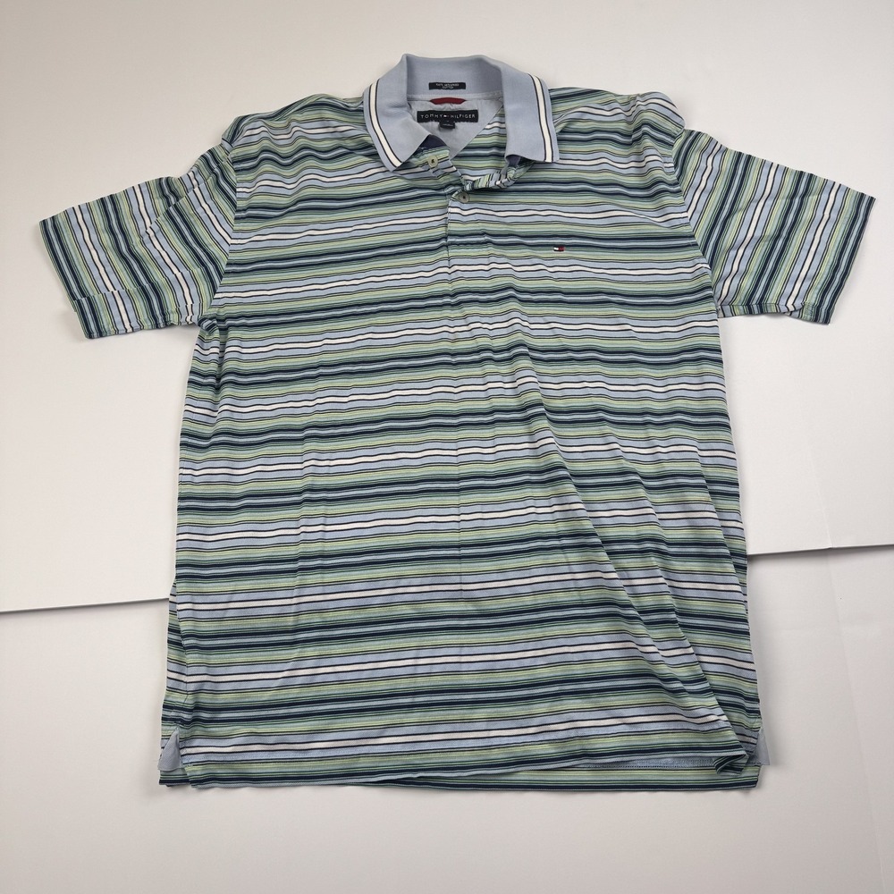 Tommy Hilfiger Polo Shirt Mens Large Striped Short Sleeve Classic Preppy Casual